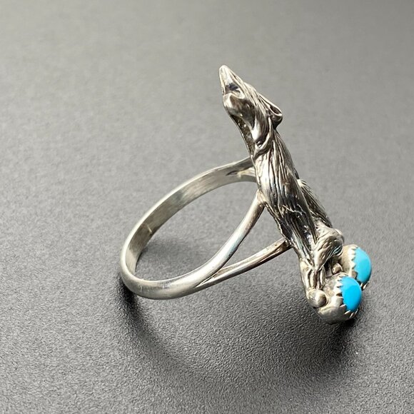 RARE Vtg Running Bear Trading Gallop Turquoise Sterling Silver Wolf Ring Sz 9.5 - Picture 2 of 16